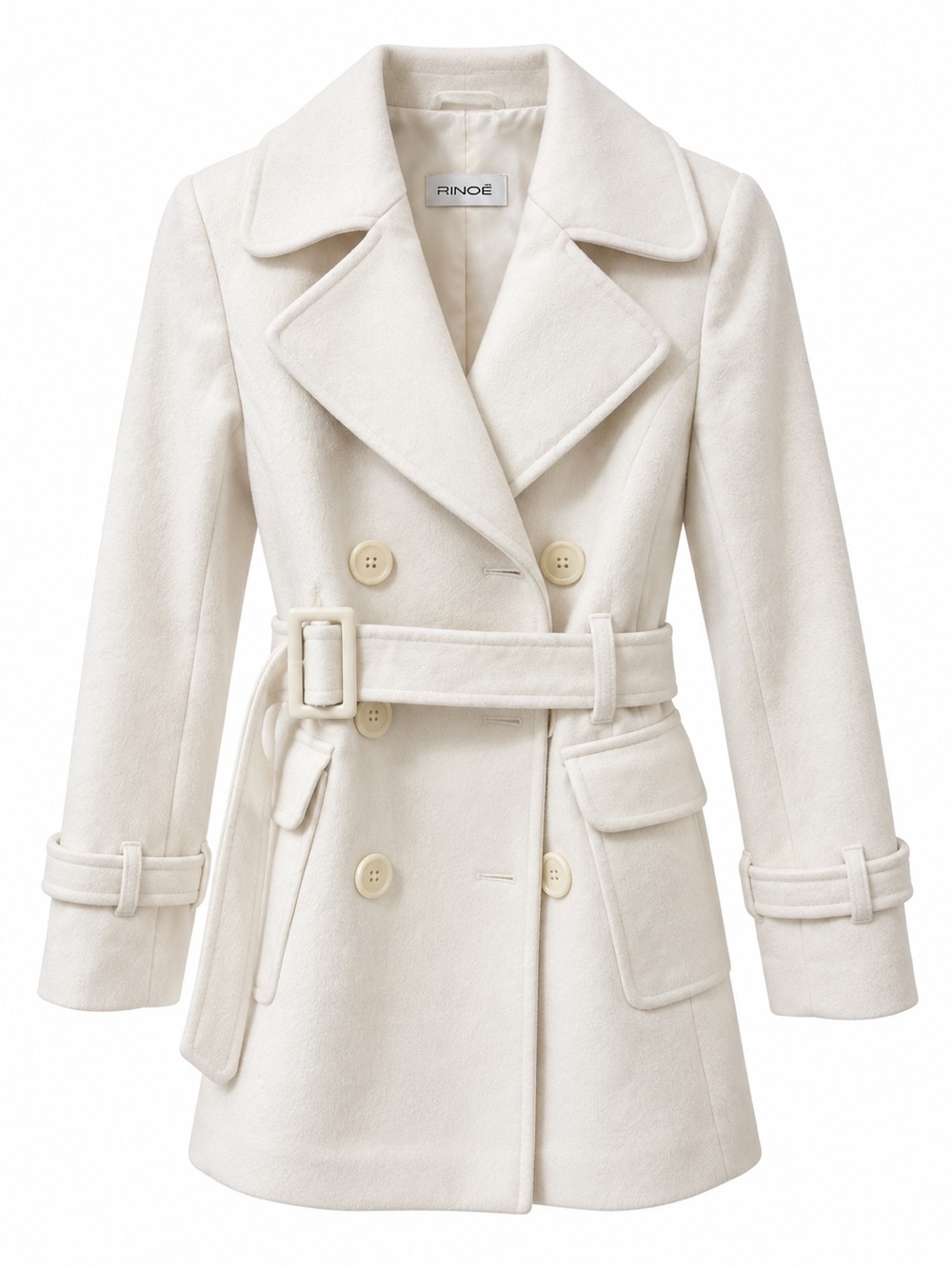 Cream Double-Breasted Pea Coat with Belt